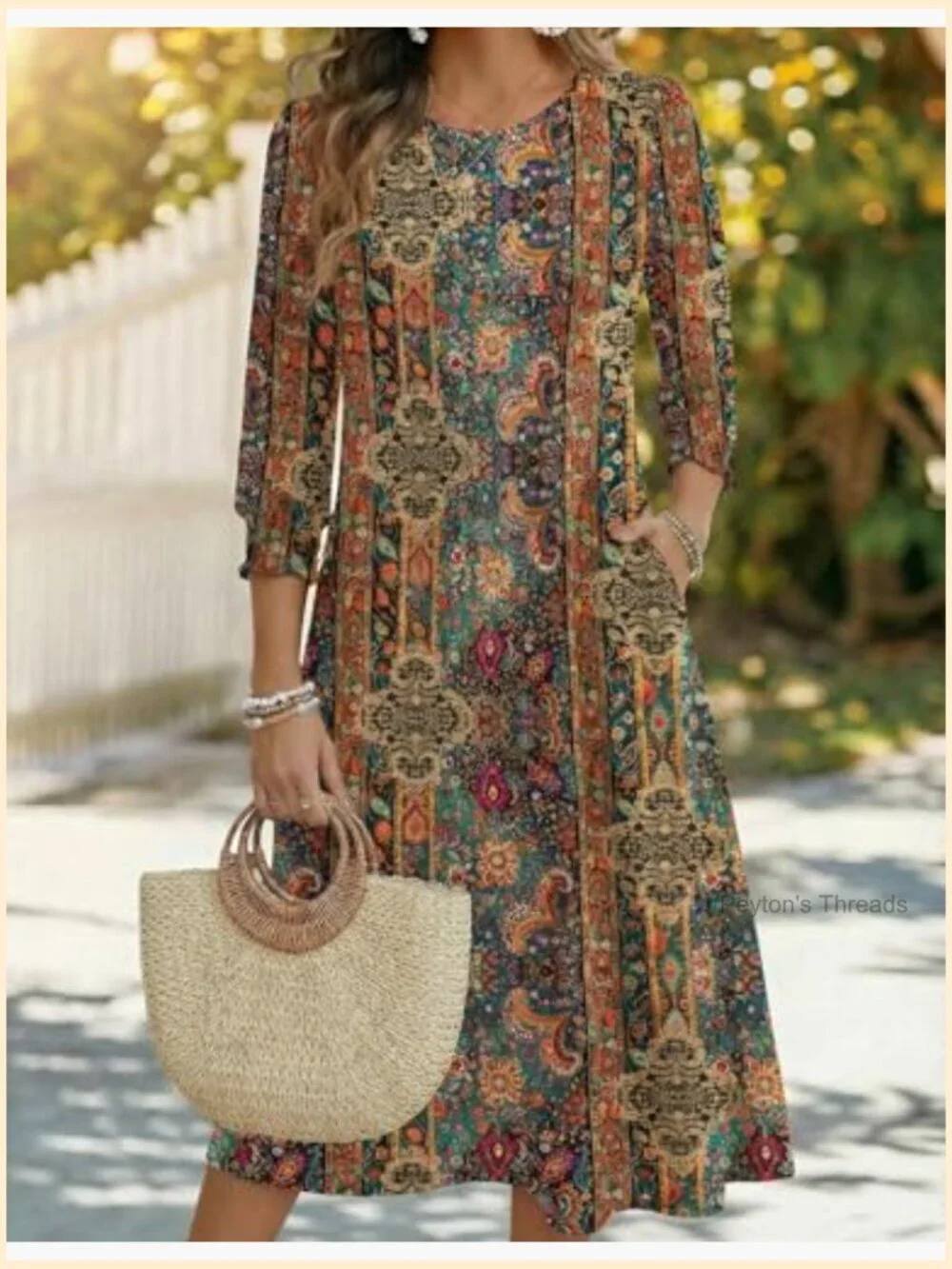 3/4 Sleeve Floral Midi Dress with Pockets Loose Fit Pull On